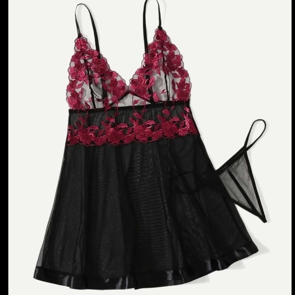 Red & Black Mesh Lace Slip Dress Thong Lingerie - Picture 4 of 7